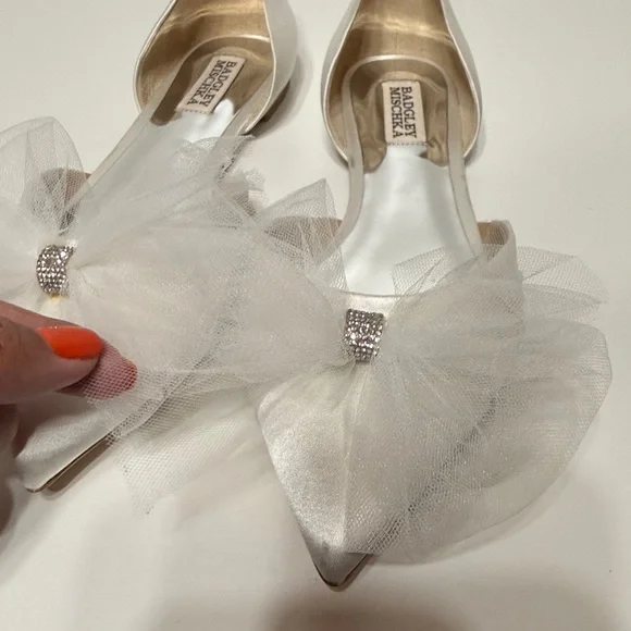 Badgley Mischka Fergie Tulle Pointed Toe Flats in Soft White Satin - Picture 11 of 17
